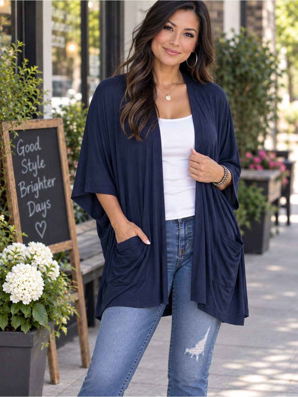 Susan Graver Navy Open-Front Draped Pocket Cardigan